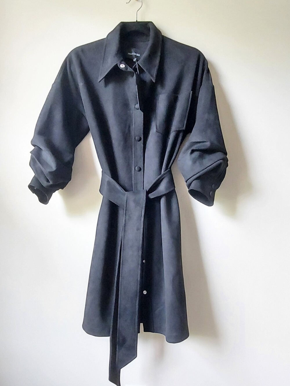 Dolce Cabo Black Faux Suede Long-Sleeve Belted Shirt Dress Small NWT